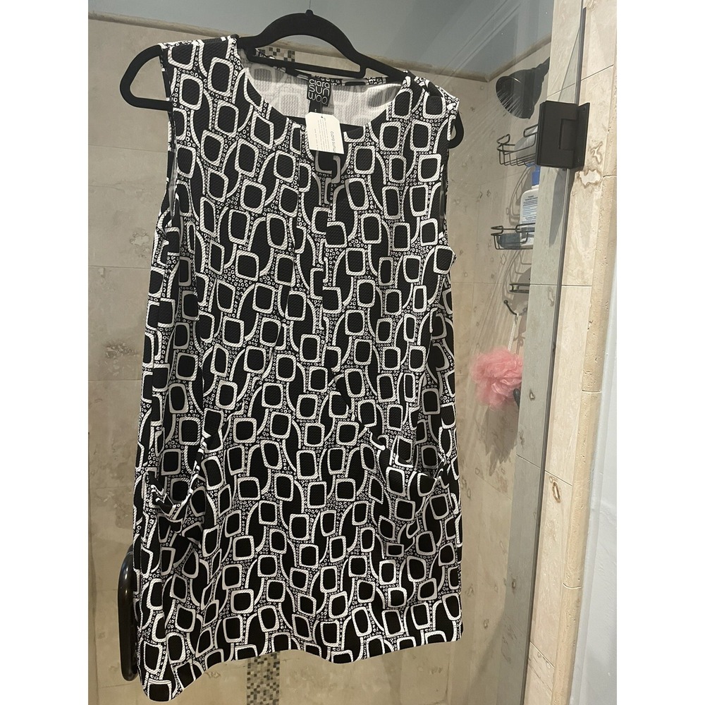 NWT Clara Sun Woo Black White Giraffe Print Mini Stretch Dress Small Sleeveless - Picture 5 of 11